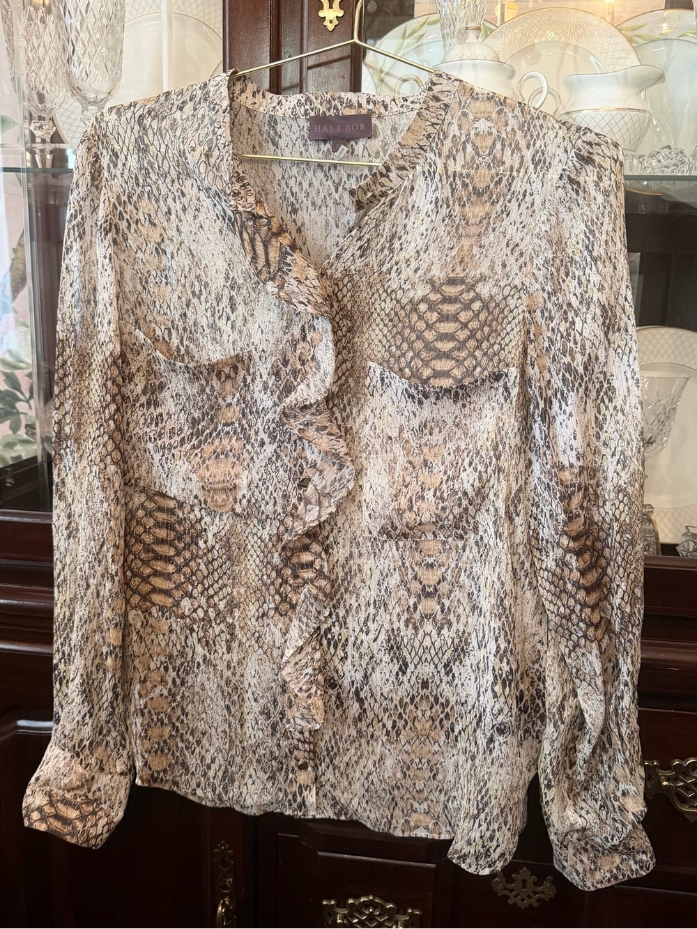 Hale Bob Neutral Snake-Print Ruffle Front Blouse - Beige/Brown